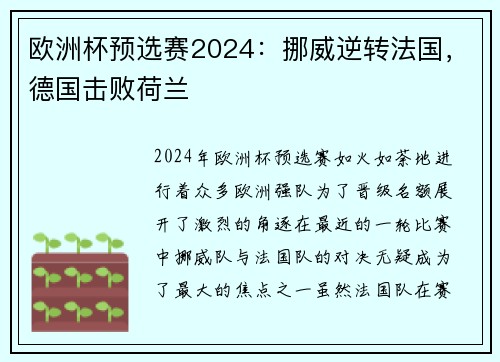 欧洲杯预选赛2024：挪威逆转法国，德国击败荷兰